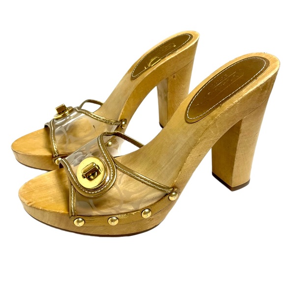 Coach Shoes Coach Cagney Wooden Heel Sandals Clear Gold Strap